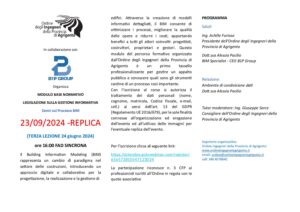 Scopri di più sull'articolo REPLICA TERZA LEZIONE – CORSO BASE NORMATIVO BIM LEGISLAZIONE SULLA GESTIONE INFORMATIVA Cenni sul Processo BIM 23/09/2024