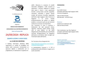 Scopri di più sull'articolo REPLICA QUARTA E ULTIMA LEZIONE – CORSO BASE NORMATIVO BIM LEGISLAZIONE SULLA GESTIONE INFORMATIVA Cenni sul Processo BIM 24/09/2024